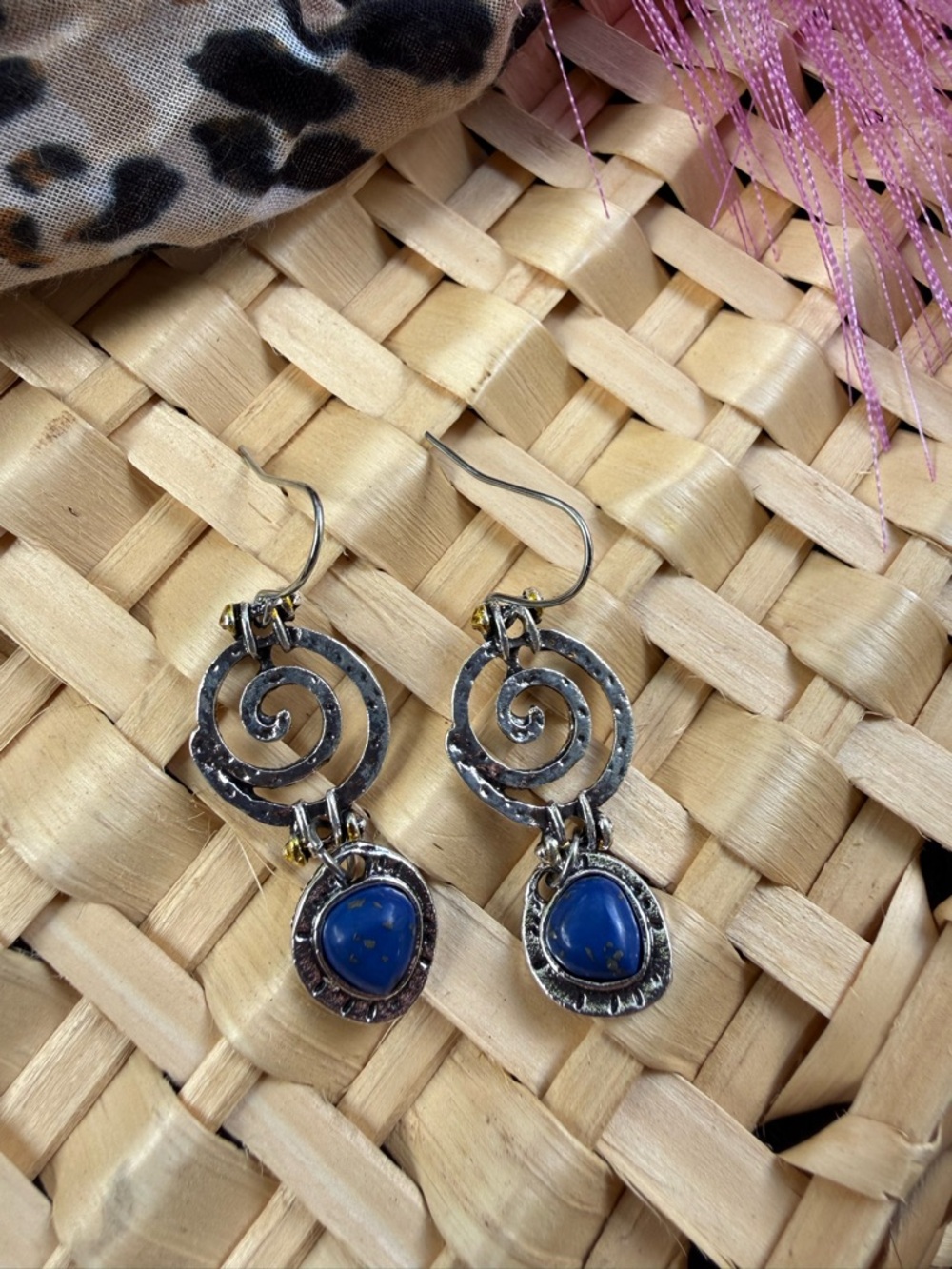 Handcrafted Silver Spiral Earrings with Blue Stone